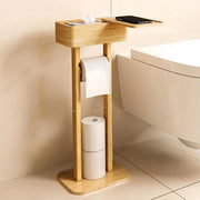 Toilethouder in Bamboe con Cassetto e Box per Fazzoletti Umidi - Supporto per Toccoli in Piedi per Bagno