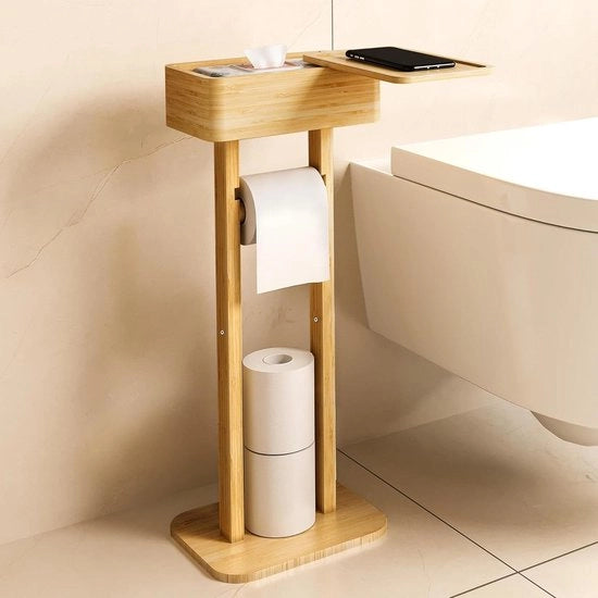 Toilethouder in Bamboe con Cassetto e Box per Fazzoletti Umidi - Supporto per Toccoli in Piedi per Bagno