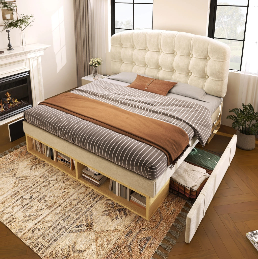 Letto singolo imbottito 90x200 cm beige con cassetti