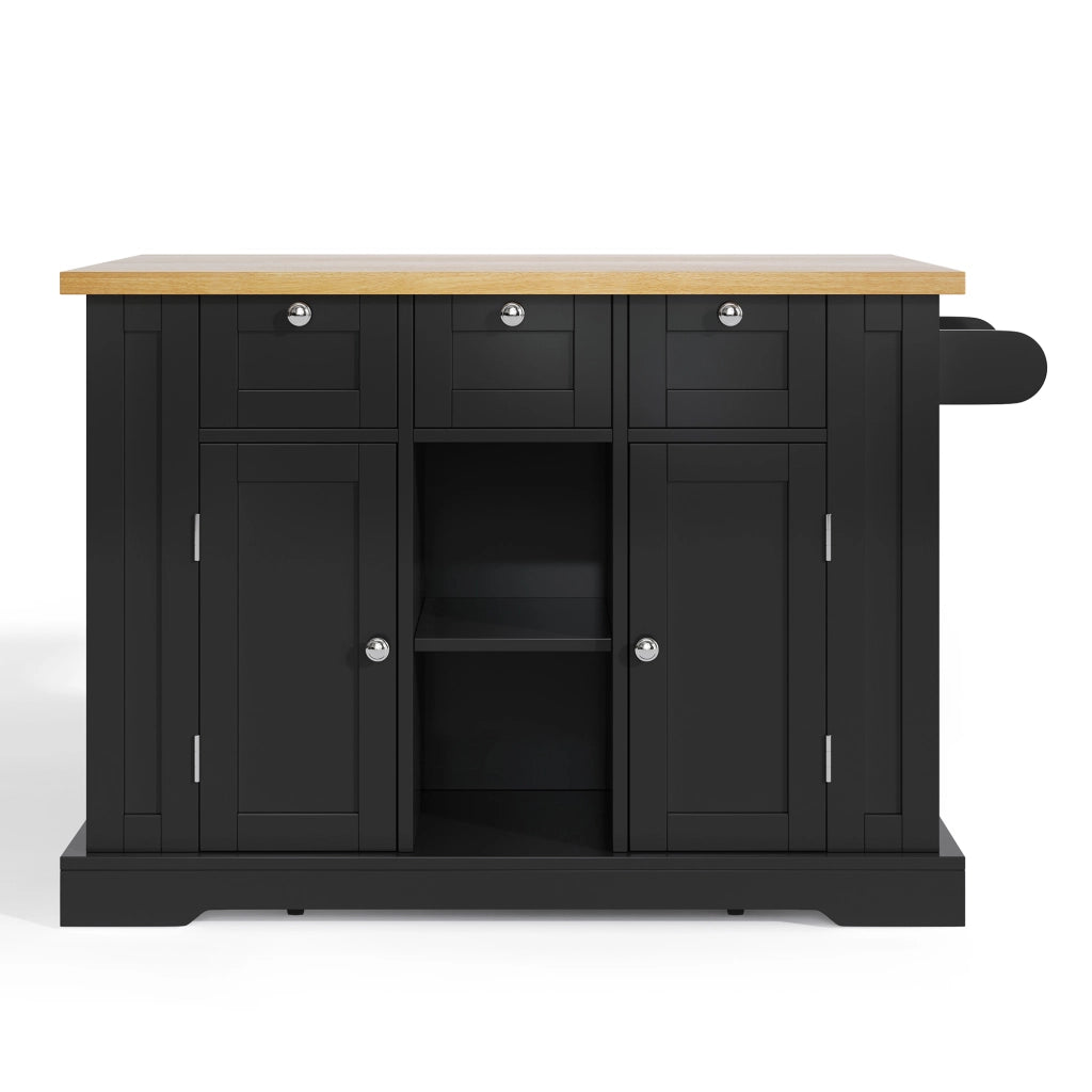 Isola da Cucina Mobile 132x40/70x87 cm Nero e Legno con Piano Ribaltabile; 3 Cassetti; Prese USB e Ruote