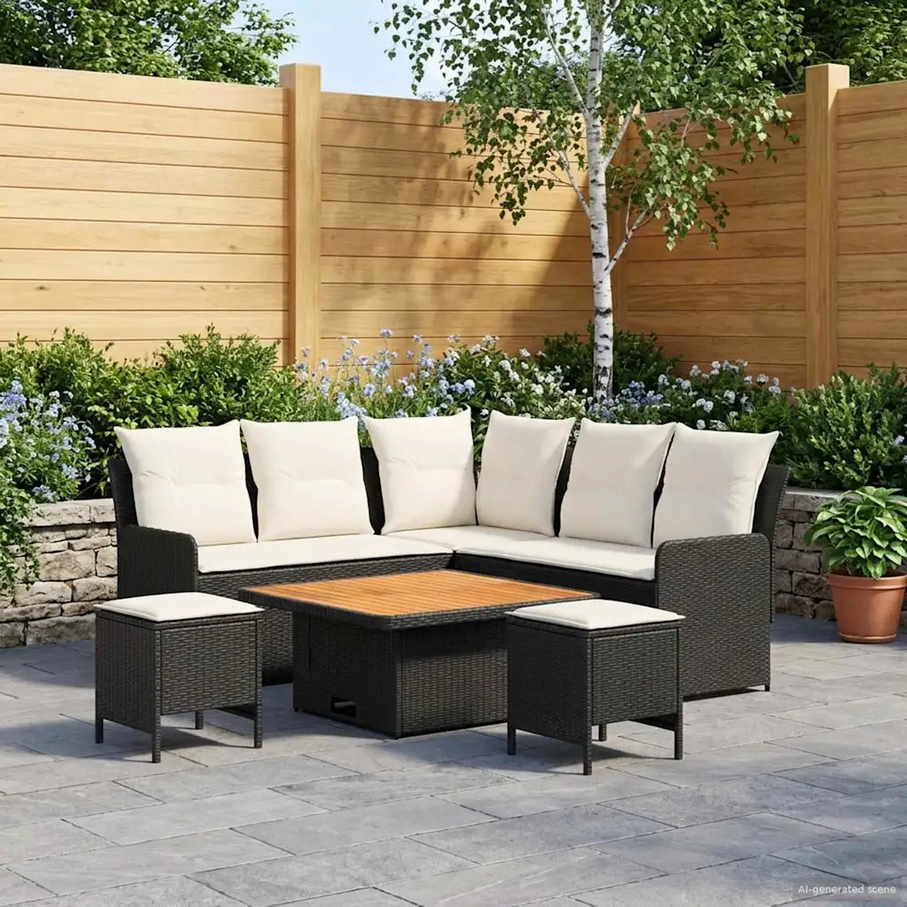 Set di Mobili con cuscino 6 pcs Nero e Crema Rattan in PE