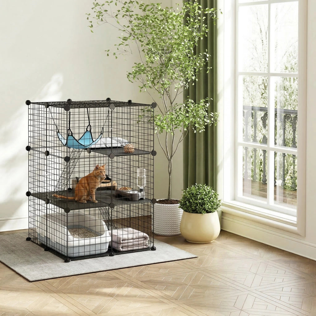 Gabbia per Gatti Recinto Personalizzabile 3 Livelli, 105cm, Nero