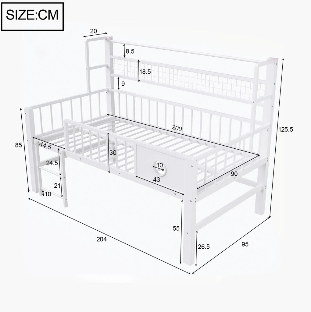 Letto a soppalco basso 90x200 cm bianco MDF e metallo con vano portaoggetti