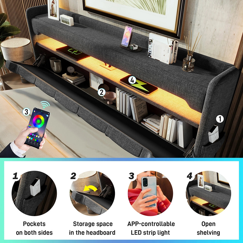Letto matrimoniale-Xylo-180x200 cm-LED 360°, USB-C, idraulico, lino, grigio