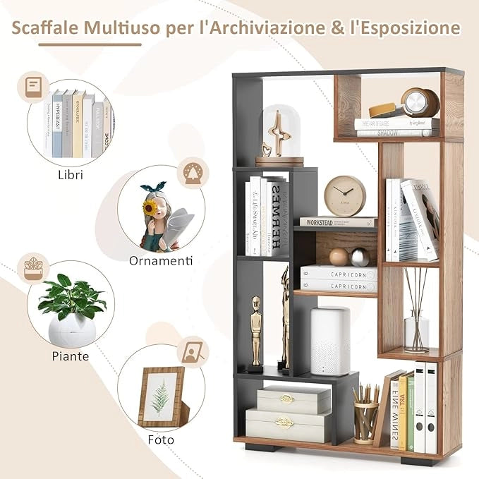 Libreria Geometrica 120 cm, Scaffale per Libri con Ripiani Aperti, Scaffale da Esposizione Moderno con Kit Anti-ribaltamento, Ideale per Casa Ufficio o Soggiorno (Nero+Marrone)