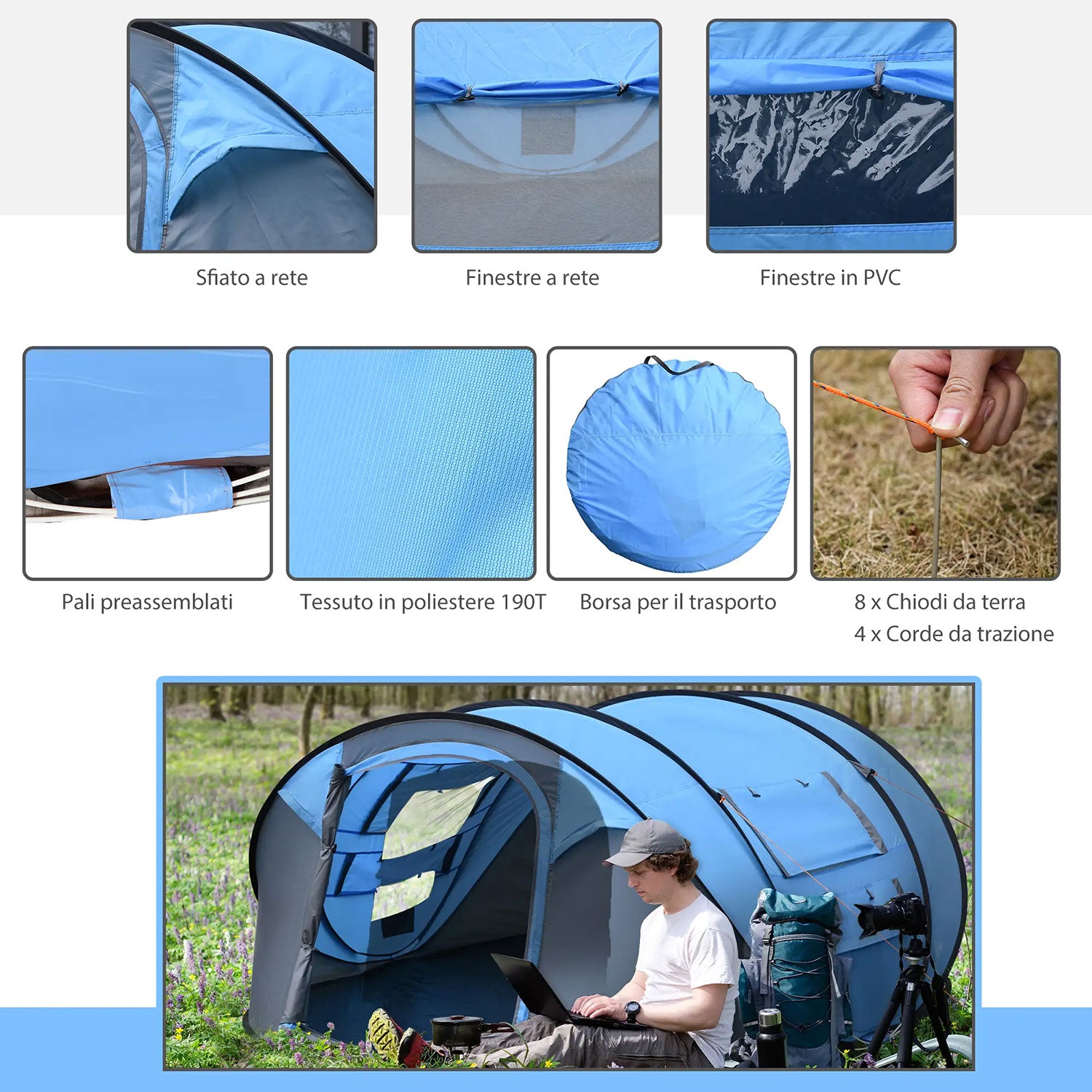 Tenda da Campeggio Pop Up 2 Posti 263,5x220x123 cm con 2 Porte 4 Finestre e Telo Impermeabile Blu