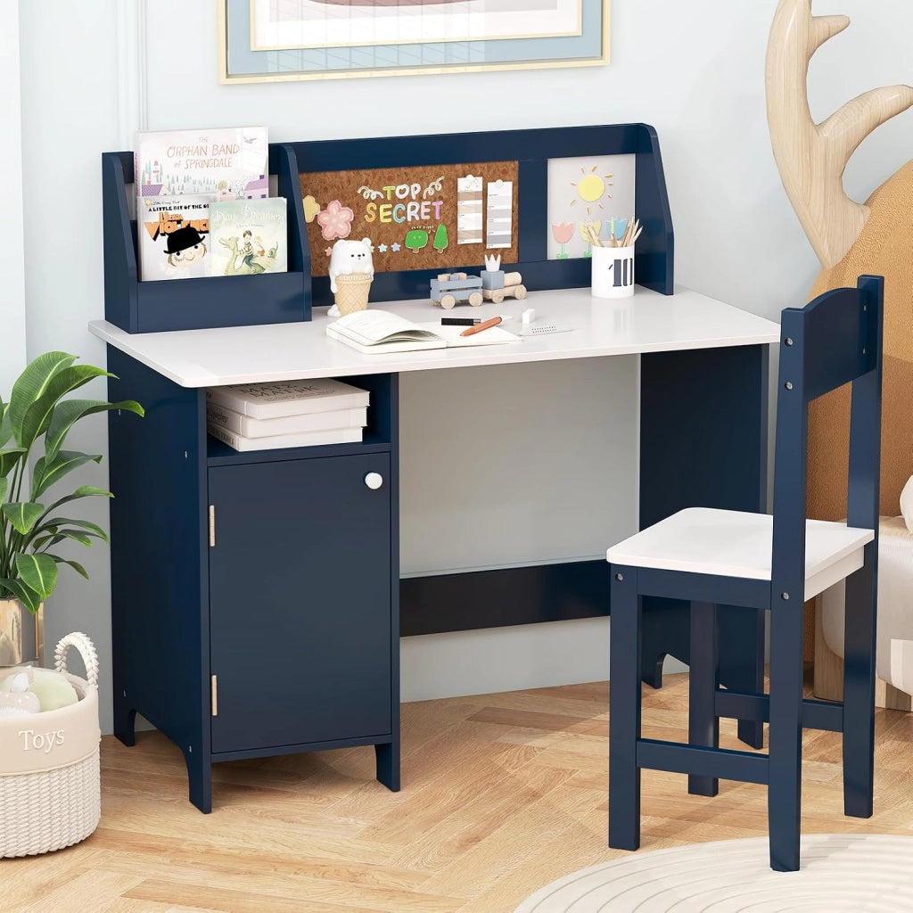 Set Scrivania e Sedia per Bambini 3+ Anni per Studio e Lettura, Blu | Banco Scuola con Sedia Ergonomica, Lavagna Bianca, Pennarello, Armadietto e Bacheca, Postazione Computer per Cameretta