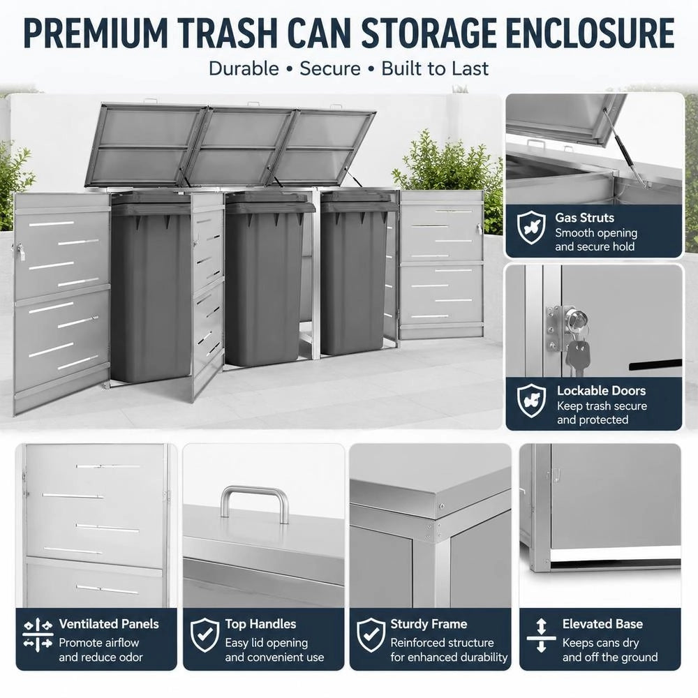 Bin Storage Box For 3 Bins, 207x77.5x115 Cm, Stainless Steel