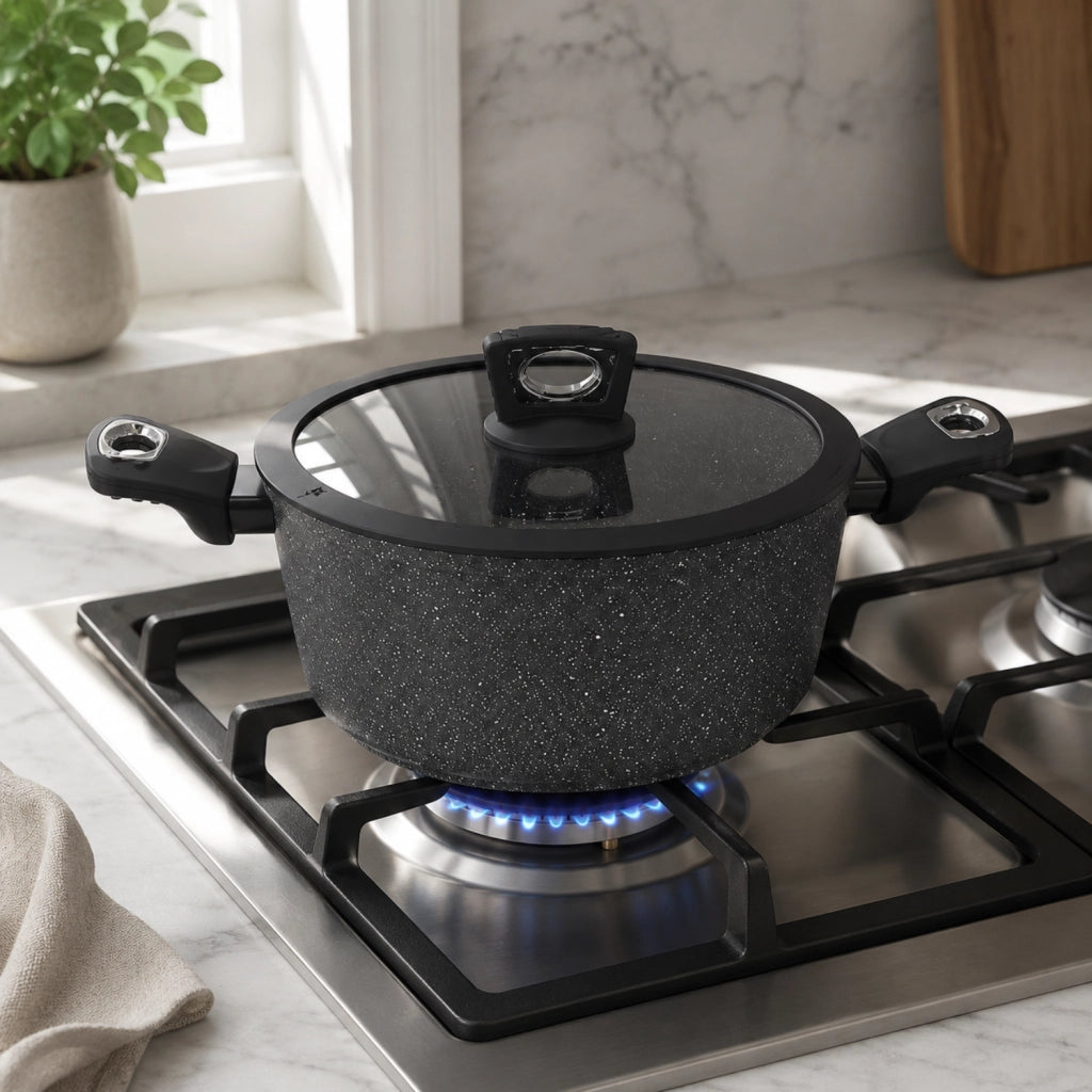 Casseruola Antiaderente Ø 24 cm con Coperchio - Pietra Lavica Induction - Alluminio Forgiato Effetto Pietra - Vetro e Silicone - Induzione - GMD Italy