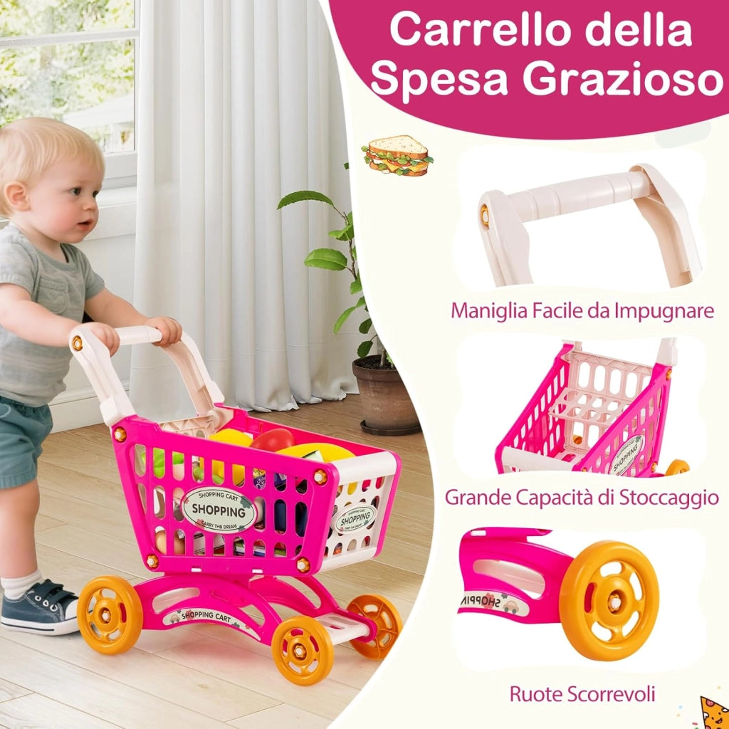 Cassa Gioco Supermercato per Bambini, Supermercato Giocattolo con Carrello della Spesa, Registratore di Cassa, Scanner, Luci e Suoni, Gioco di Ruolo con 29 Accessori (Rosa)