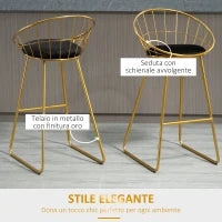 Set 2 Sgabelli da Bar Alti con Schienale e Poggiapiedi per Salotto o Cucina Stile Moderno, Cuscino in Velluto e Struttura in Metallo, 52.5x47x97cm, Nero e Oro
