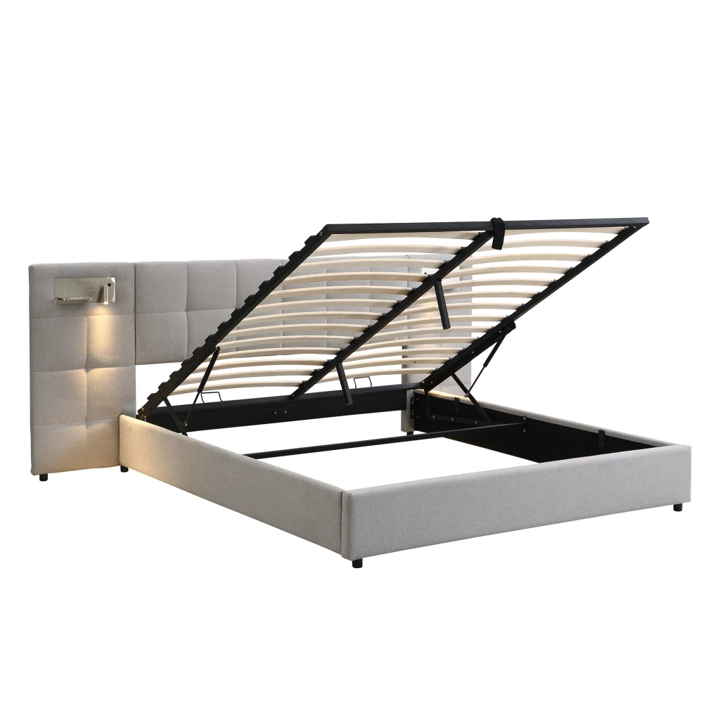 Letti contenitori 180x200 cm; USB e ricarica wireless; lino grigio (Senza materasso)