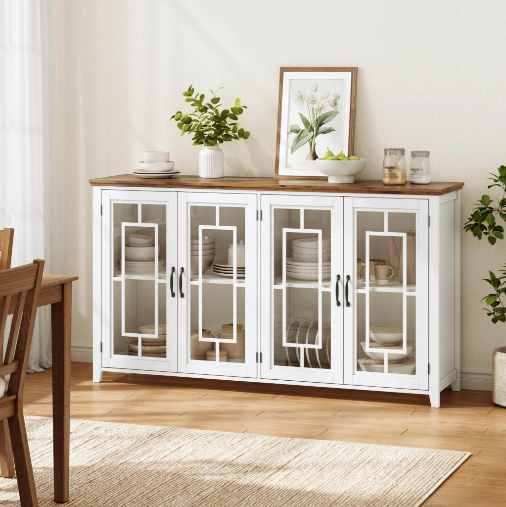 Credenza da cucina 160 cm bianca con ante in vetro e ripiani