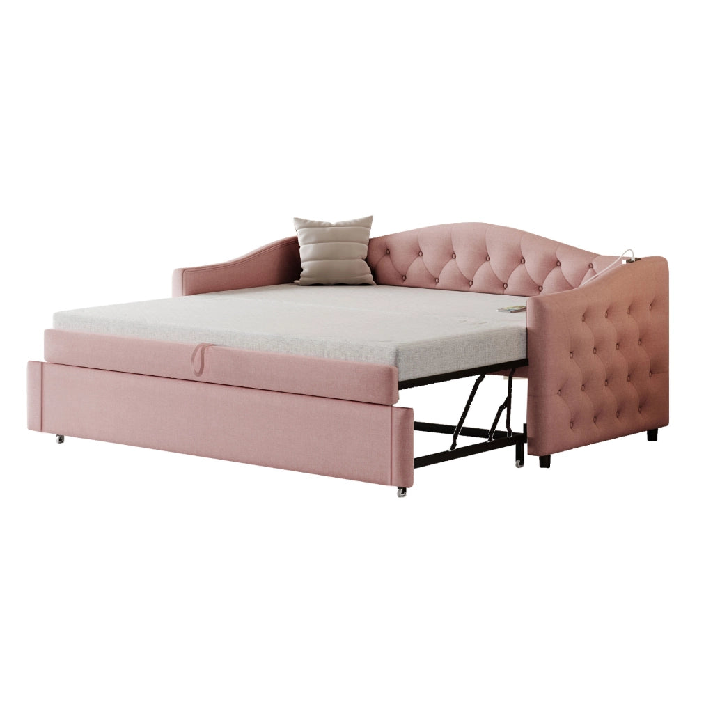Letto divano estraibile 90 × 200 cm con USB et posto letto aggiuntivo, senza materasso, in tessuto, rosa