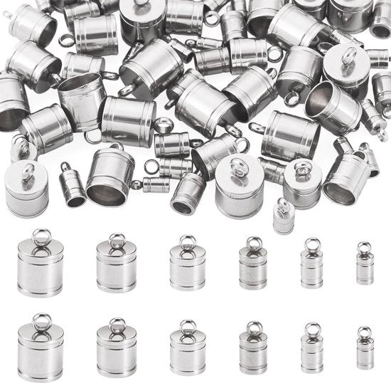 Accessori per gioielli in acciaio inossidabile - 60 pezzi - Stopper per filo - Serrature - Anelli pendenti - 6 stili - Diverse misure
