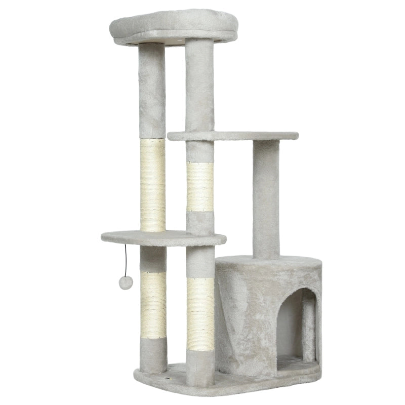 Albero per gatti multifunzione 114 cm con piattaforme, tiragraffi in sisal e casetta, grigio chiaro