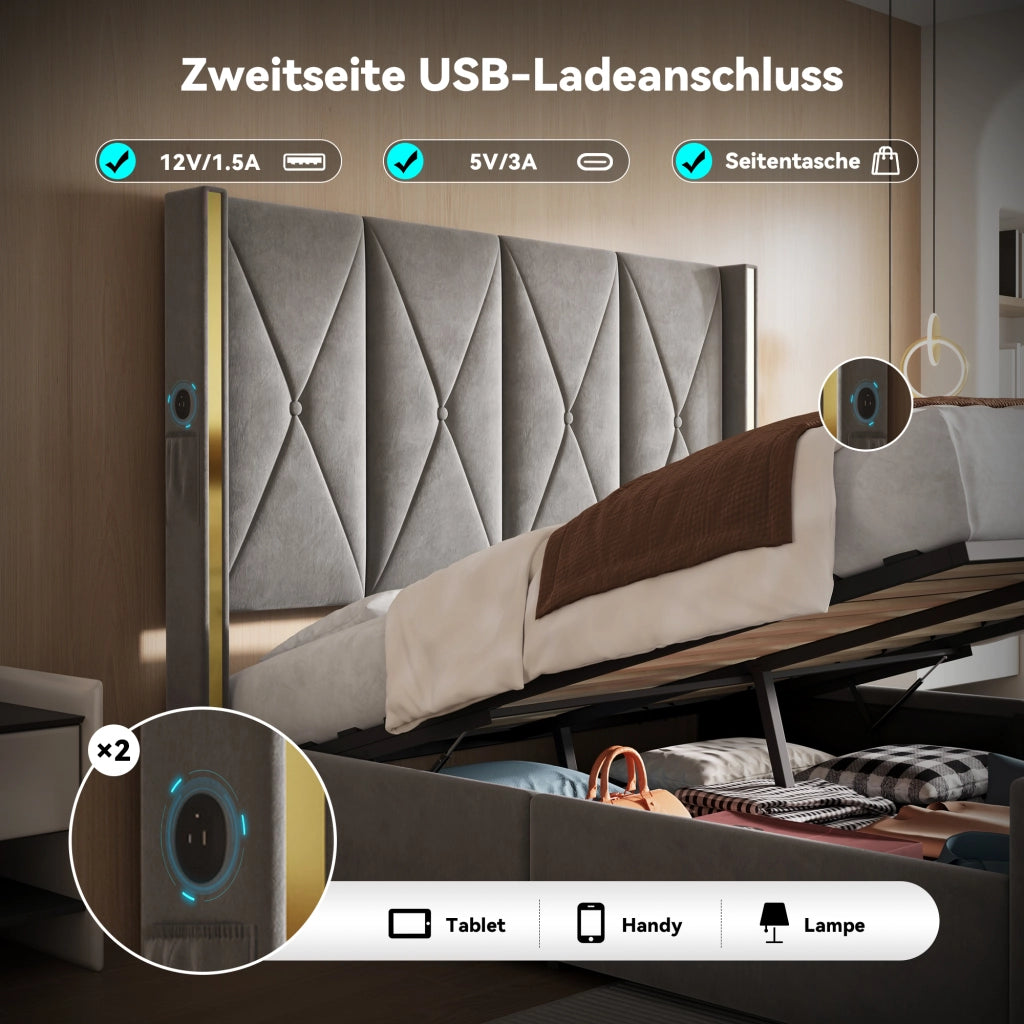 LETTO Contenitore 160x200 cm in velluto grigio scuro, testiera alta imbottita