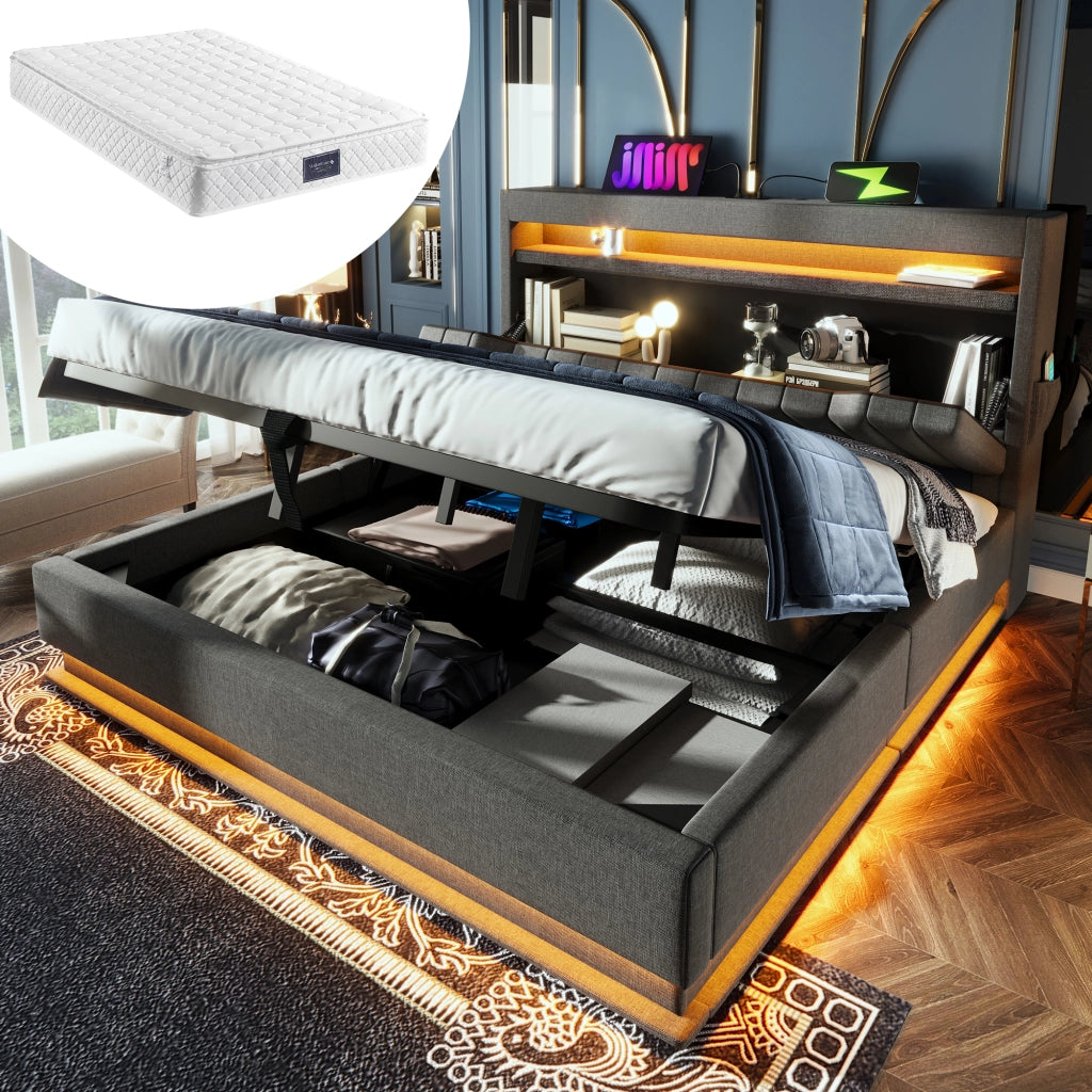 LETTO 160x200 cm in lino grigio con materasso incluso, LED e USB