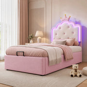 Letto imbottito per bambini 90x200 cm con rete a doghe, luce LED ambientale, contenitore idraulico, rosa