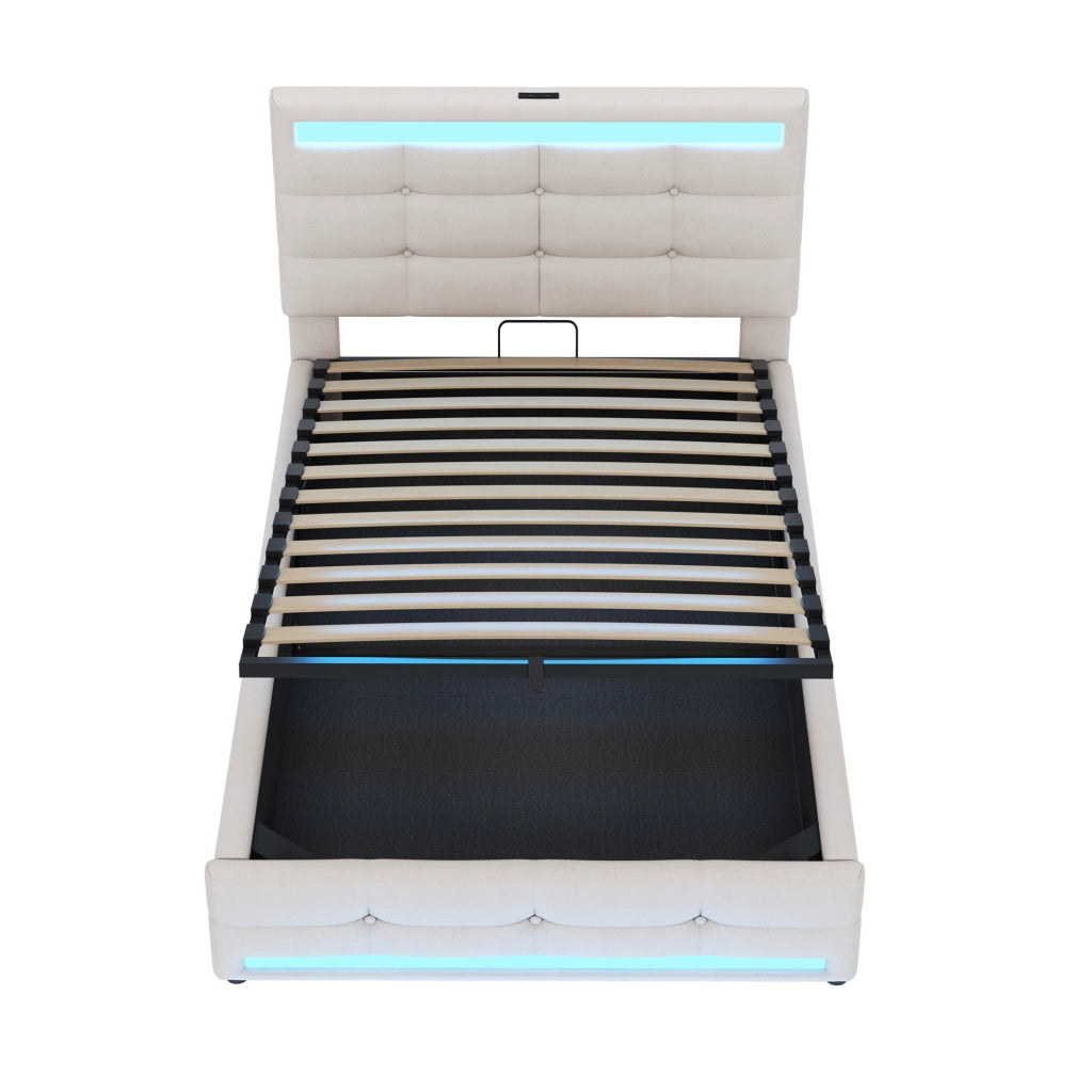 Letto imbottito 90x200 con LED RGB, 2 porte USB, testiera regolabile e struttura contenitore