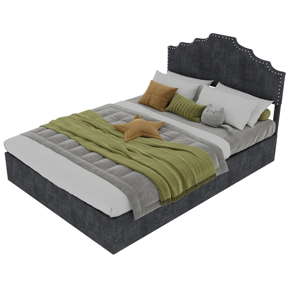 Letto Contenitore Imbottito ¨C MINIMAL ¨C Grigio 140x200 con Testiera, Struttura con Doghe