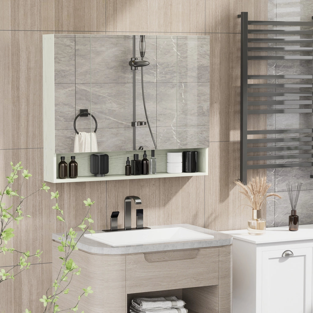 EasyComfort Armadietto Moderno da Bagno con Specchio a 4 Sezioni con Ripiani Regolabili, a Parete in Legno e Vetro, 90x15x75 cm, Grigio