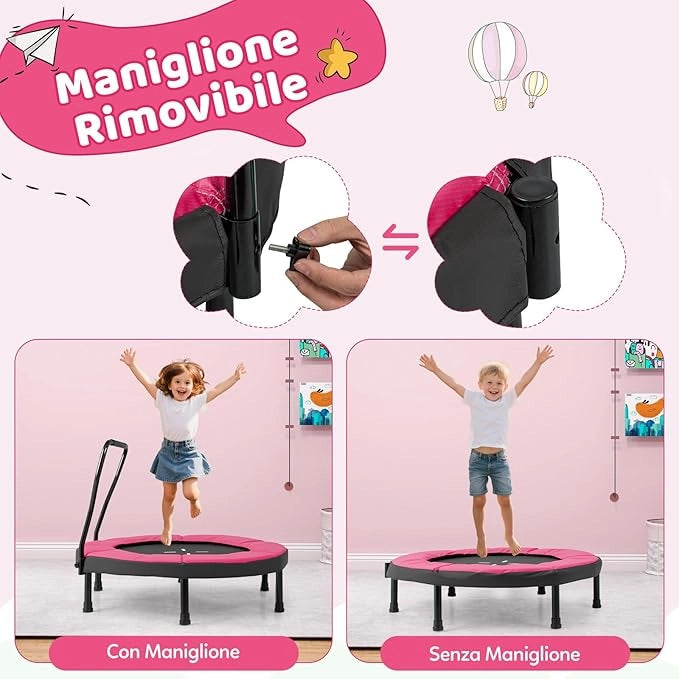 Trampolino Elastico per Bambini, Tappeto Elastico da Interno ed Esterno con Manubrio in Schiuma e Cuscino di Sicurezza, Ideale per Bambini 3-6 Anni, Portata 100 kg