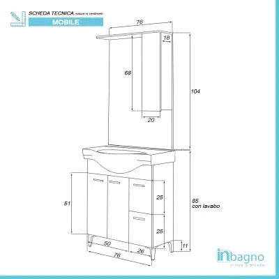 Mobile bagno a terra 85 cm bianco con pensile su specchio LED Desya