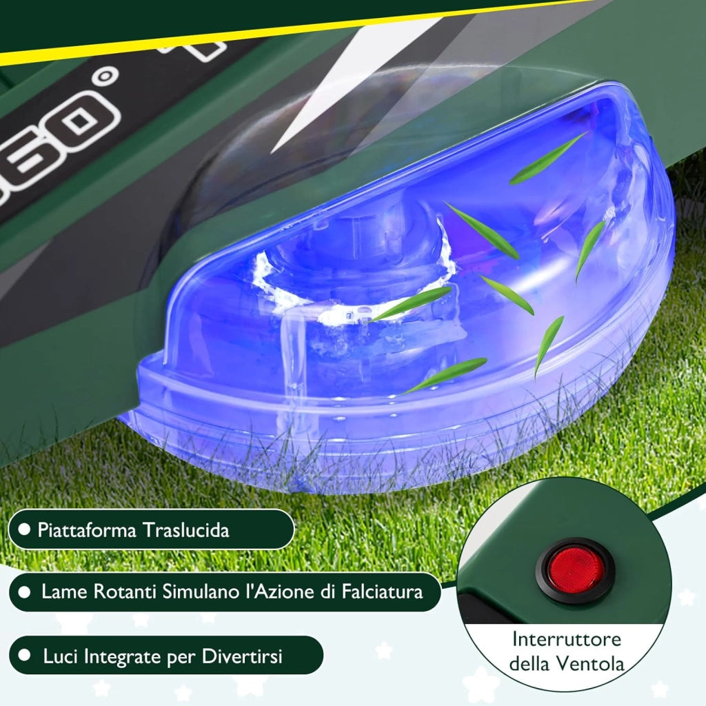 12V Macchina Elettrica per Bambini, Auto Elettrica con 2 Leve di Controllo, Luci LED, Simulazione di Taglio dell'Erba e Sterzate a 360°, Tosaerba Giocattolo per Bambini 3-8 Anni (Verde)
