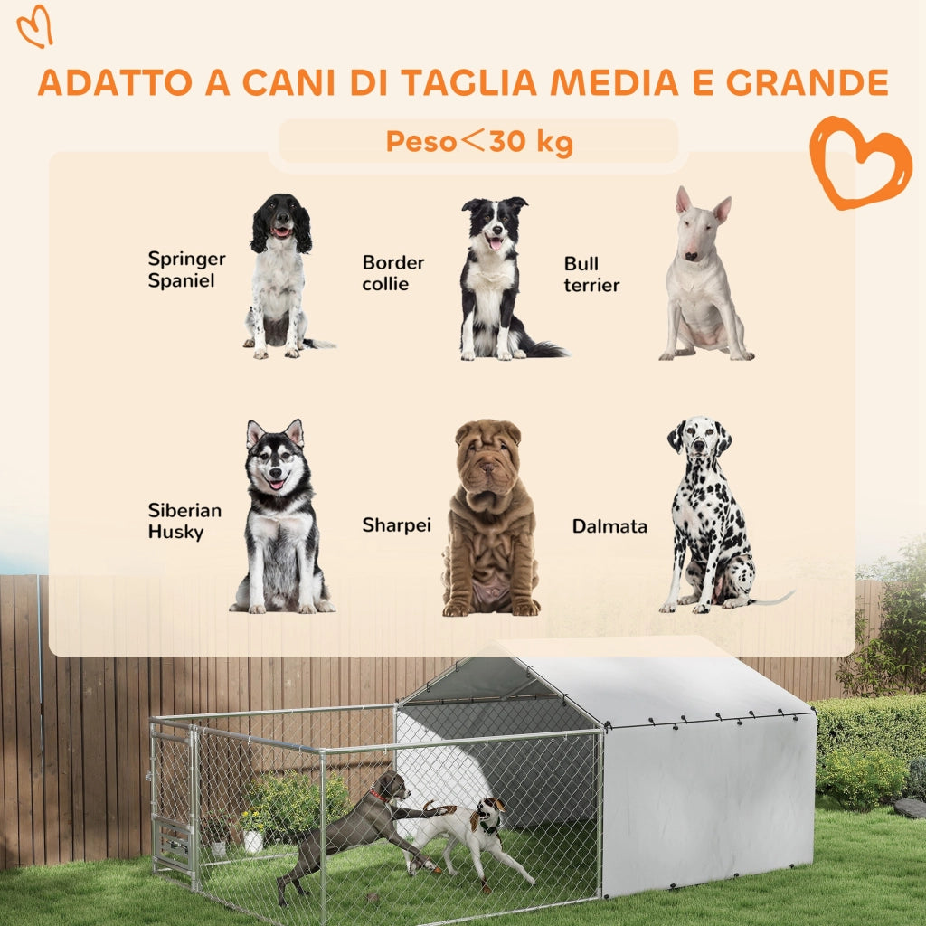 Recinto per Cani con Copertura ¨C Xylo ¨C Acciaio e Tessuto Oxford, 4x2.3x1.5m, Argento