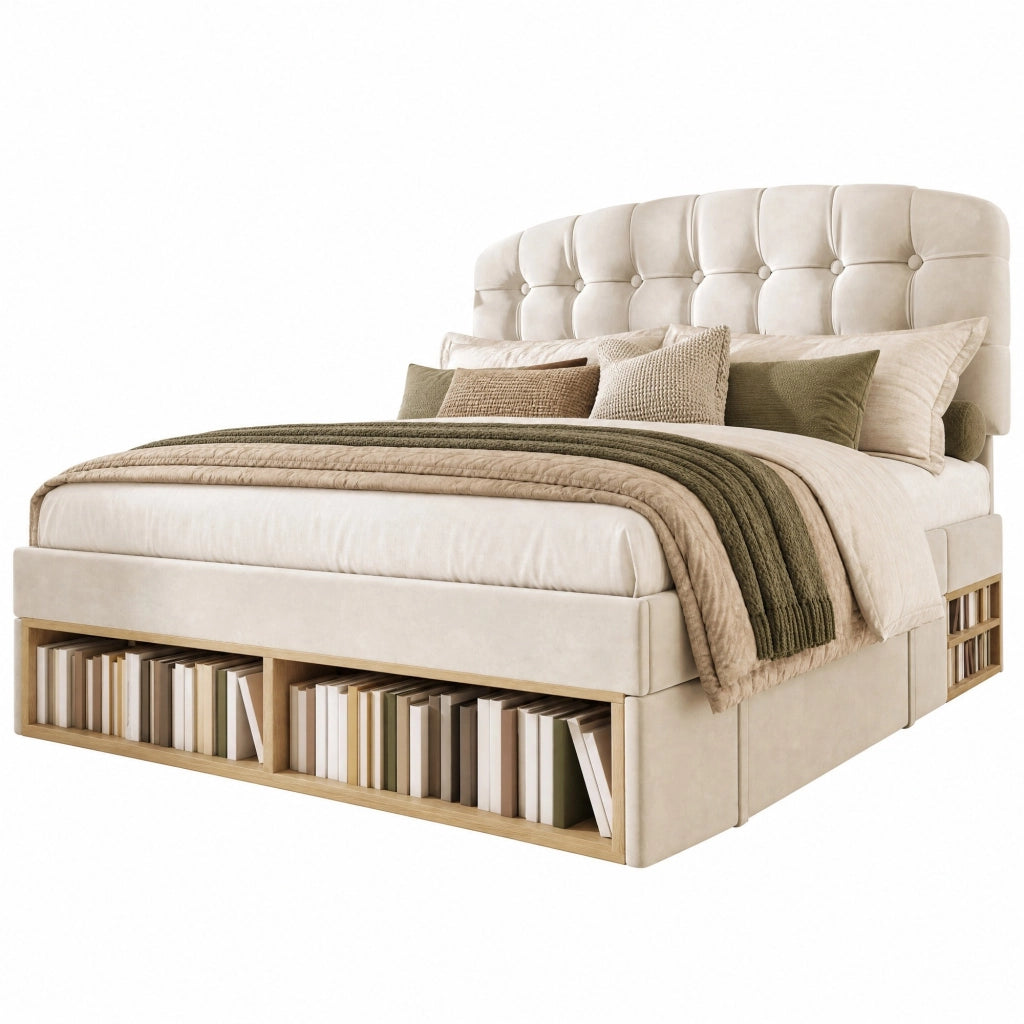 Letto matrimoniale 140x200 in velluto beige con testiera regolabile, cassetti e rete a doghe