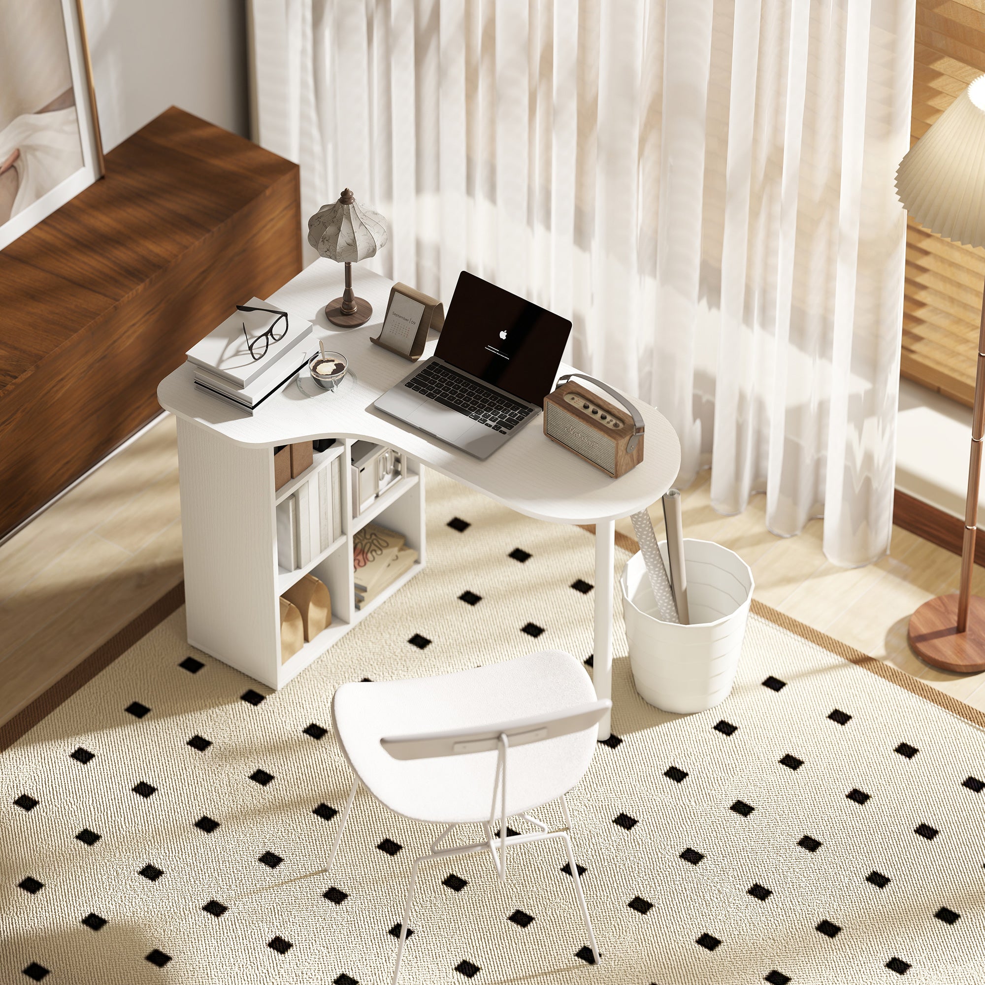 Scrivania per Camera Ricurva 100x59x75,5 cm con 6 Ripiani e 4 Scaffali Regolabili in Acciaio e Legno Bianco