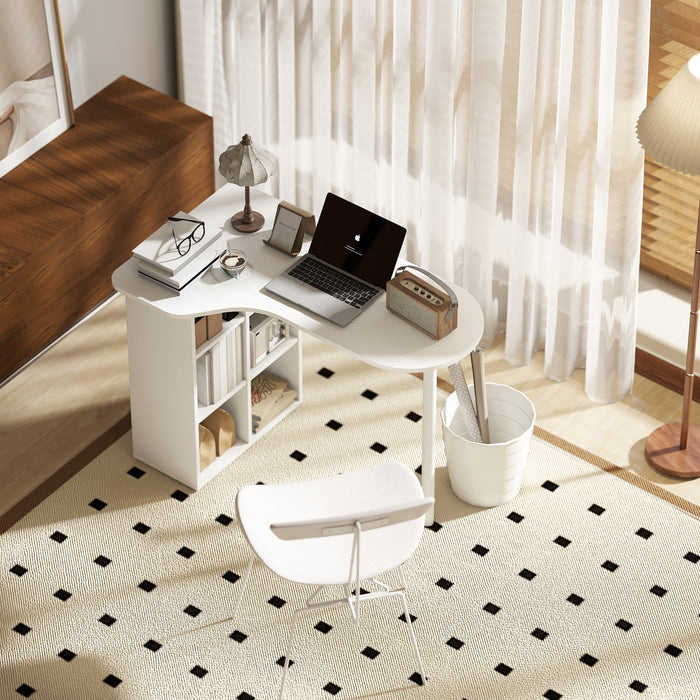 Scrivania per Camera Ricurva 100x59x75,5 cm con 6 Ripiani e 4 Scaffali Regolabili in Acciaio e Legno Bianco