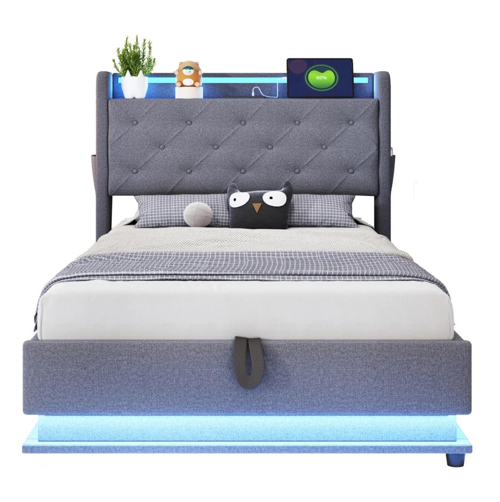 Letto imbottito singolo 90x200 cm con LED; USB e contenitore idraulico; grigio