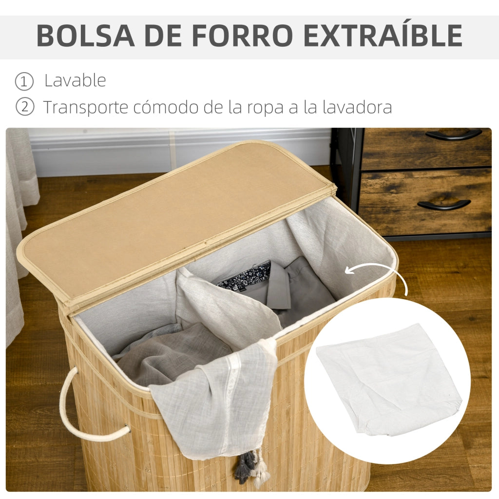 Cestino Lavanderia Bamb¨´ 90L 2 Scomparti con Asse e Fodera Interna Estraibile ¨C zephmum ¨C 54,2x35,2x59,5 cm Naturale