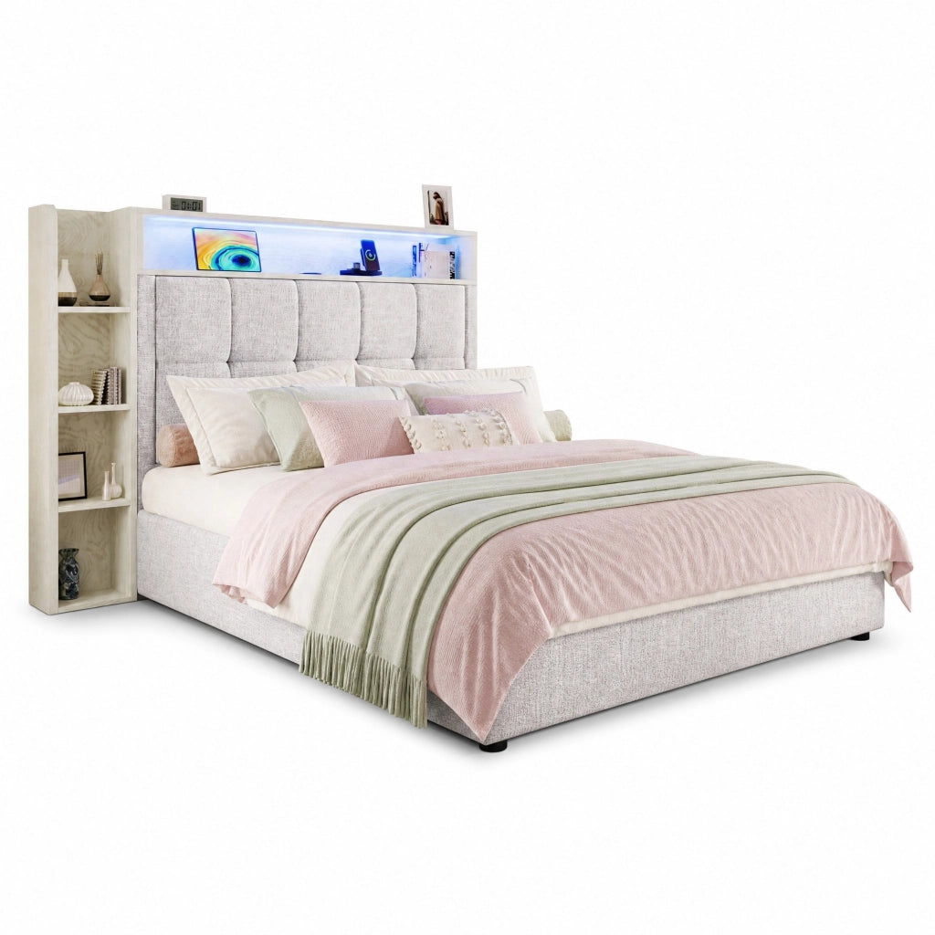 Letto matrimoniale 90x200 cm senza materasso con contenitore idraulico; LED; USB e Type-C; beige