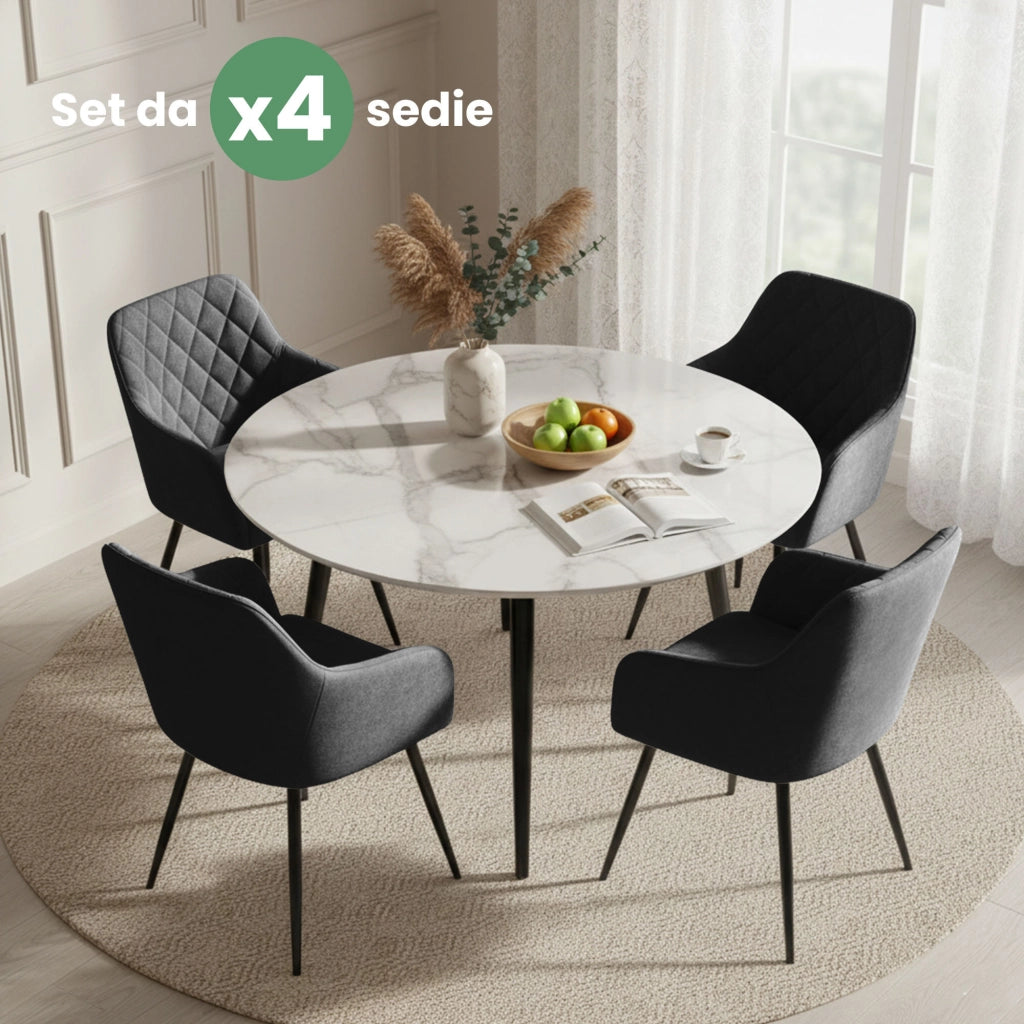 Set di 4 Sedie in velluto con cuciture a rombi VELTO Nero gambe nere