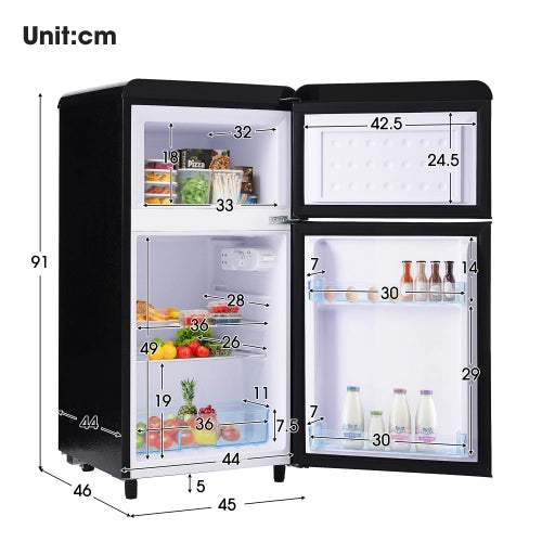 Frigorifero retrò; frigorifero a doppia porte; volume totale 72L; compartimento congelatore 21L; luce LED; efficiente energetico; nero