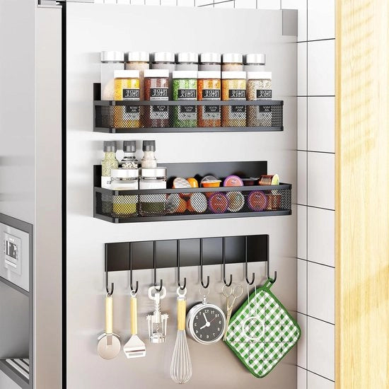 Kruidenrek Magnetico 3 Pacchi con 8 Ganci per Frigorifero - Piastra Magnetica Mobiliabile per Organizzazione e Stoccaggio della Cucina