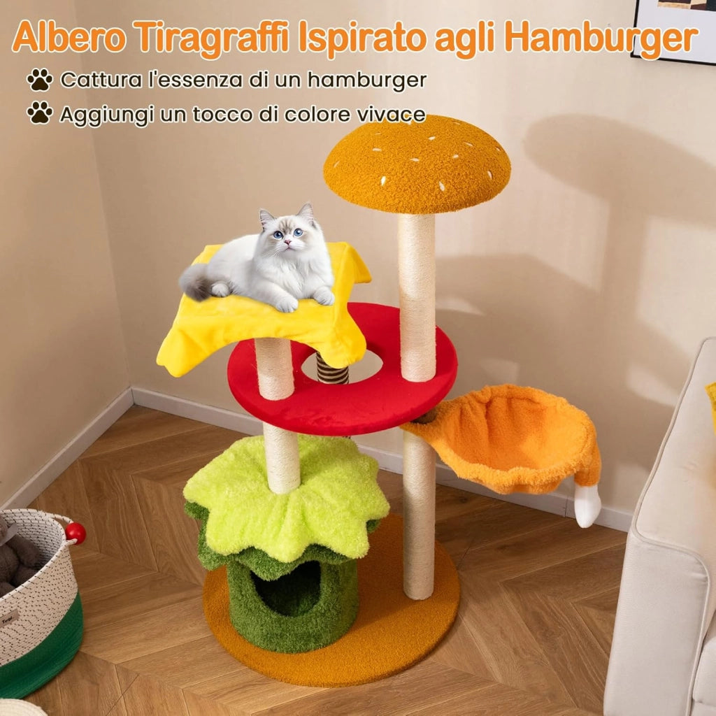 Albero per Gatti 117 cm, Tiragraffi per Gatti a Tema Hamburger con Letto a Cestino Sospeso, Condominio, Trespolo Imbottito, Tiragraffi in Sisal, Cuscini Peluche e Giocattolo Sospeso