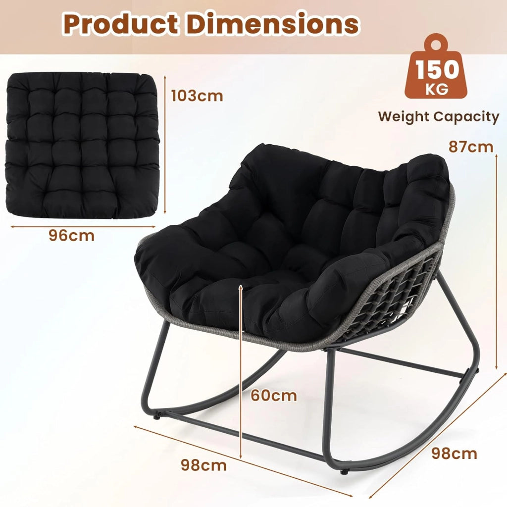 Sedia a Dondolo con Cuscino, Sedia da Relax Ampia e Avvolgente, con Struttura in Metallo, Seduta in Rattan, Cuscino Morbido Imbottito, per Soggiorno, Studio, Balcone, Nero (Nero)