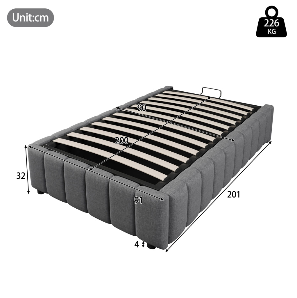 Letto imbottito singolo 90x200 cm con contenitore idraulico grigio