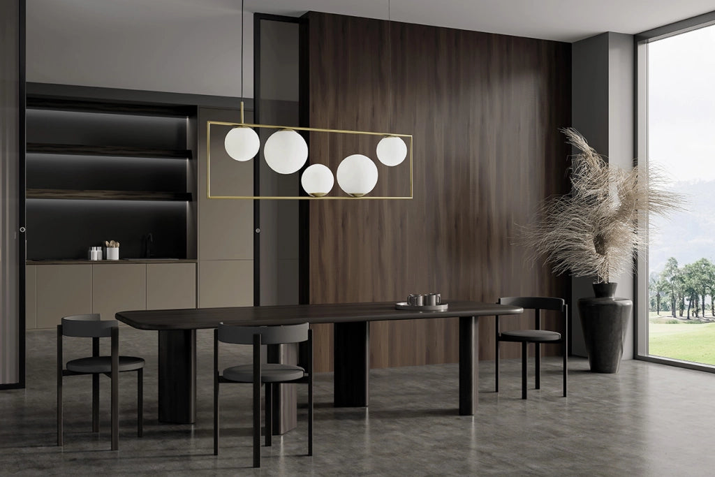 BUBLE LAMPADARIO A SOSPENSIONE 5 SFERE OPALINO STRUTTURA ORO SPAZZOLATO E BRONZO ATTACCO E27