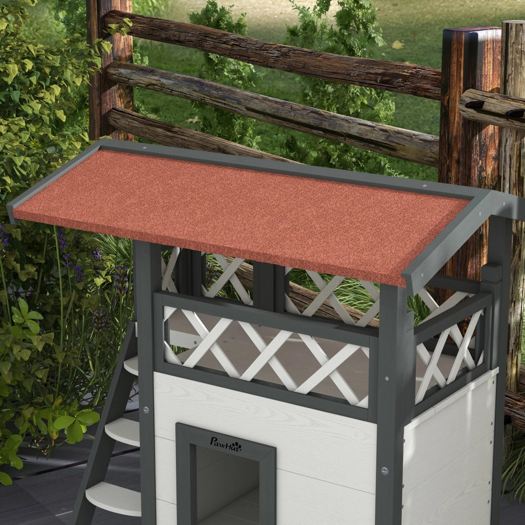 Casetta per Gatti da Esterno con Terrazza e Scaletta in Legno, 77x50x73cm, Bianco e Grigio