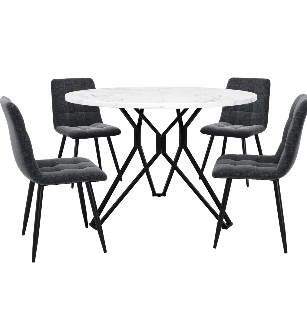Set da pranzo 5 pezzi 100x100x76 cm con piano effetto marmo; gambe regolabili; MDF; lino; nero grigio