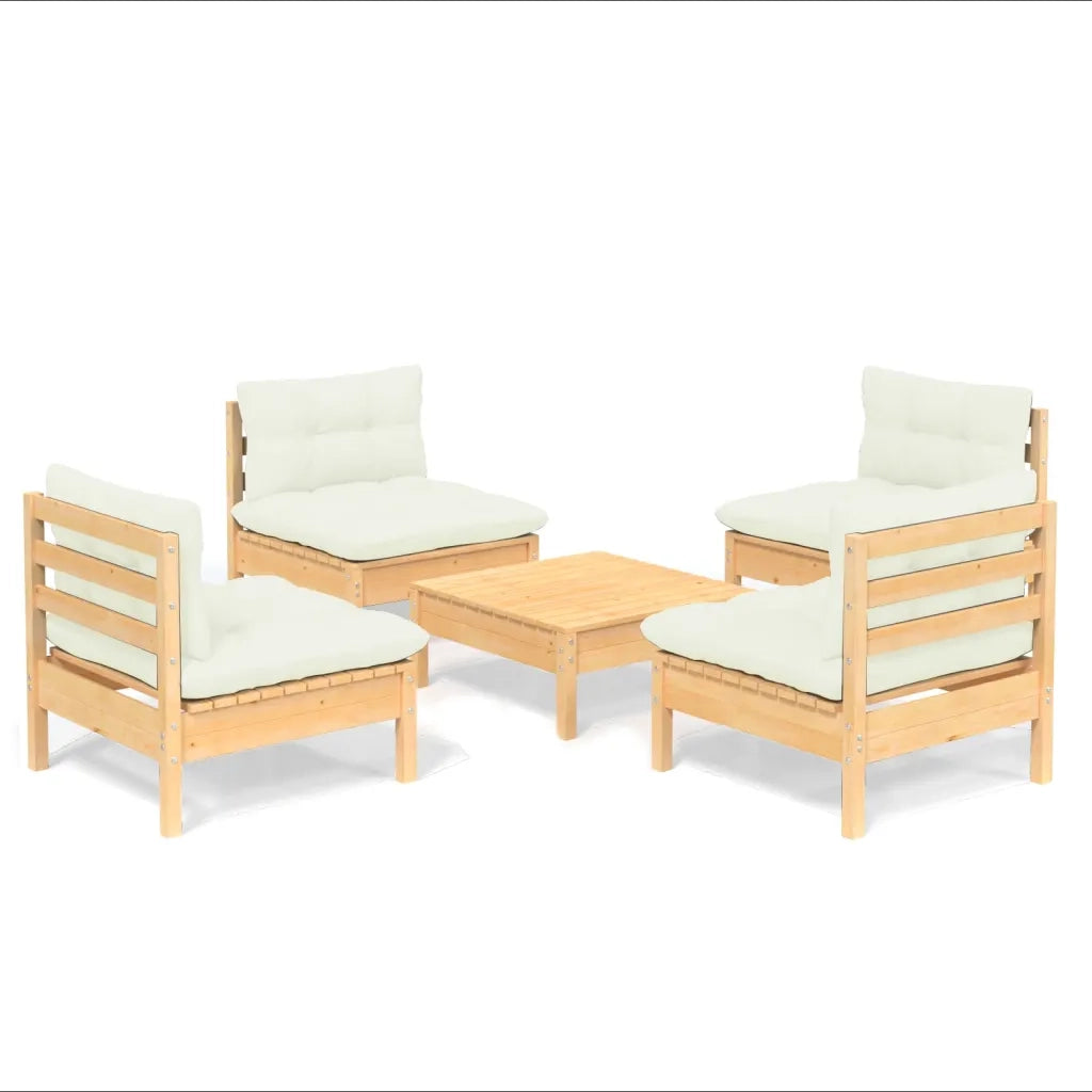 Set Salotto da Giardino 5pz con Cuscini Crema in Legno di Pino 3096034