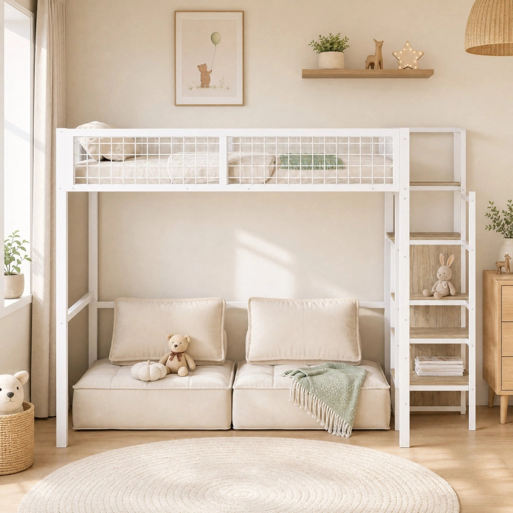 Letto a soppalco 140x200 cm con scala di sicurezza e armadietto integrato, struttura in metallo e MDF, bianco