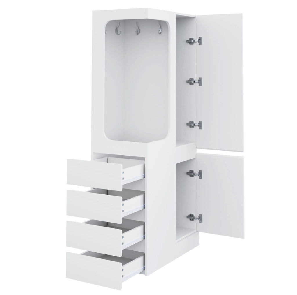 Armadio a un'anta 70x40x170 cm con 4 cassetti e vano appendiabiti aperto; bianco