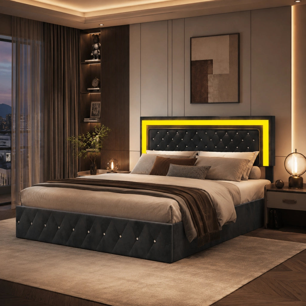 Letto con vano contenitore idraulico 160x200cm, rivestimento velluto nero, testiera trapuntata LED RGB controllabile da telecomando