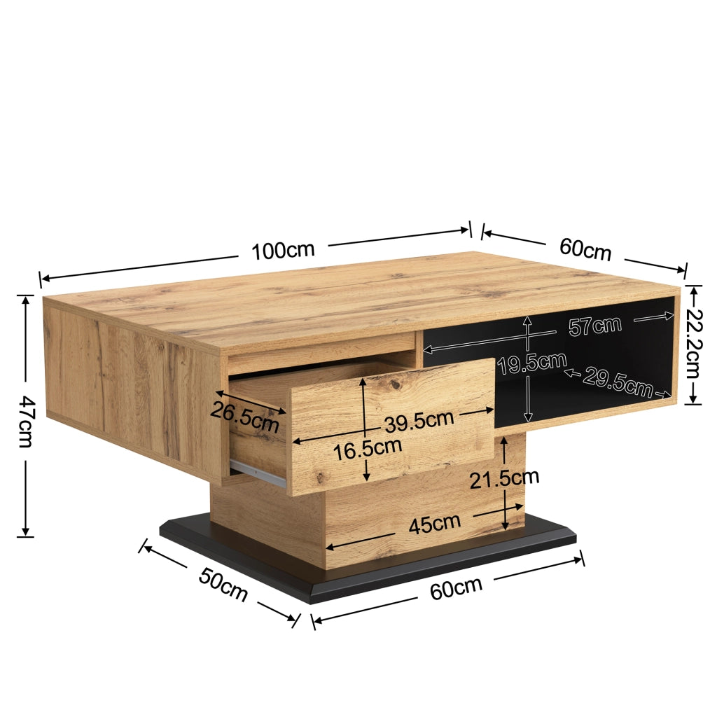 Tavolino da Caffè con 1 Cassetto senza Maniglia e 2 Vani Contenitore; Stile Moderno; in Pannelli; 100×60×47 cm; Naturale